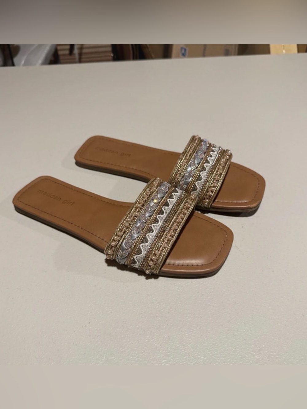 Madeline Tan Slide Sandals with Metallic Beaded Straps